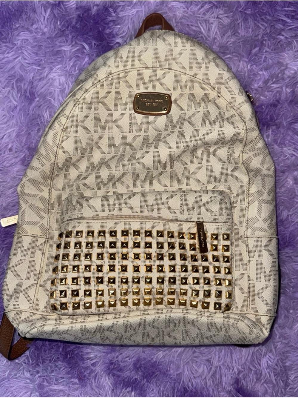 Michael Kors White and Brown MK Monogram Backpack with Gold Studs